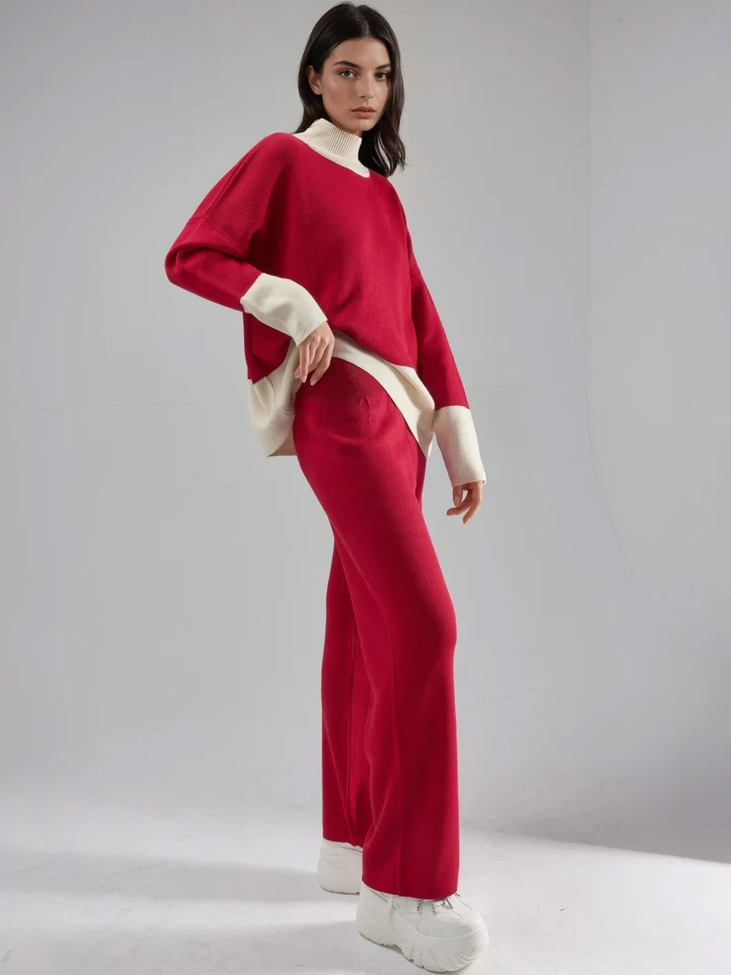 MY FASHION Red MY FASHION Ribbed Knit Co-Ord Set with Half Turtleneck for Women | Best Price UAE
